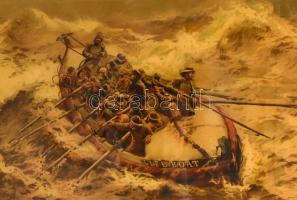 Reprezentatív, nagyméretú kagylódíszes antik fa képkeret, tengeri jelenetet ábrázoló nyomattal, bels...