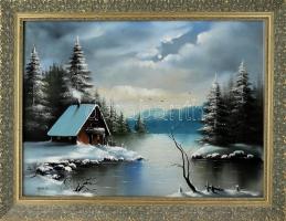 Finta László (1944-): Téli táj. Olaj, vászon, jelzett. Dekoratív, kissé sérült fa keretben, 50×70 cm