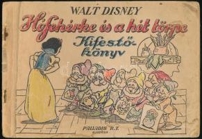 cca 1930 Walt Disney: Hófehérke és a hét törpe. Kifestőkönyv. Bp.,én., Palladis. Kiadói papírkötés, foltos, kiszínezett rajzokkal.