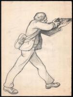 Kézdi-Kovács Elemér (1898-1976): Katona puskával. Ceruza, papír, jelzés nélkül. Proveniencia: a művész hagyatéka. Lapszéli apró szakadással, néhány apró folttal. 35x25 cm
