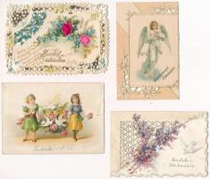 6 db RÉGI csipke hatású dombornyomott virágos litho üdvözlőlap, kis alakúak / 6 pre-1905 lace style ermbossed litho greeting art postcards, small sizes