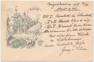 1907 Verőce, Nógrádverőce; Vilmahegy, szőlőhegyi villa, nyaraló. Szabadkőműves szimbólummal. Art Nouveau + BUDAPEST - POZSONY - WIEN 1 A vasúti mozgóposta bélyegző (fa)