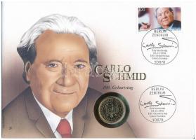 NSZK 1990G 1M Cu-Ni aranyozott, "Carlo Schmied" érmés borítékban, első napi bélyegzéses bélyeggel T:1- FRG 1990G 1 Mark Cu-Ni gilt, in "Carlo Schmied" coin envelope with first day of issue stamp and cancellation C:AU