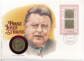 Német Szövetségi Köztársaság 1990D 2M aranyozott Cu-Ni Franz Joseph Strauss érmés borítékban bélyeggel, bélyegzéssel T:1,1- FRG 1990D 2 Mark gilded Cu-Ni in Franz Joseph Strauss coin envelope with stamps and cancellations C:UNC,AU