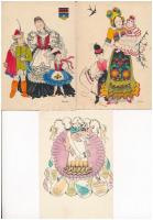 3 db RÉGI kézzel rajzolt magyar népviseletes művész képeslap / 3 pre-1945 hand-coloured Hungarian folklore postcards