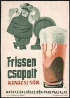 cca 1959 Frissen csapolt Kinizsi sör. Plakát. Ofszet, papír. Egyetemi nyomda. M. V. jelzéssel, lapszéli törésnyomokkal, 32,5×23 cm