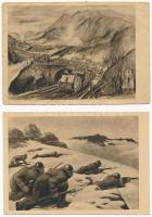 Olasz kir. vezérkar - Hadbavonult olasz művészek kiállítása - 2 db második világháborús katonai képeslap / 2 pre-1945 WWII Italian military art postcards (Vittorio Caroli, Gian Luigi Uboldi)