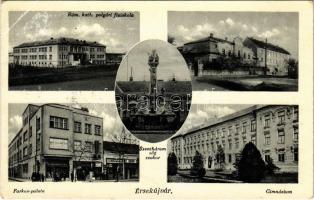 1941 Érsekújvár, Nové Zámky; Római katolikus polgári fiúiskola, Szentháromság szobor, Farkas palota, Gyógyszertár, üzletek, Gimnázium / Catholic boys' school, Holy Trinity column, palace, pharmacy, shops, grammar school (EK)