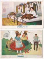 4 db RÉGI magyar katonai humoros grafikai képeslap / 4 pre-1945 Hungarian military postcards, humorous graphics