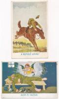 4 db RÉGI magyar katonai humoros grafikai képeslap / 4 pre-1945 Hungarian military postcards, humoro...
