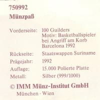 Suriname 1992. 100G Ag "Olimpia-kosárlabda" T:PP Csak 15.000db! Tanúsítvánnyal!