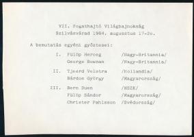 1984 A Fogathajtó Világbajnokság több résztvevőjének aláírása (Bárdos György, Juhász László, Fülöp edinburgh-i herceg)