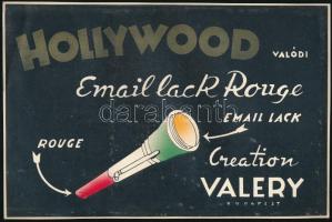 cca 1930-40 Hollywood valódi email lack rouge, Valery Budapest, plakátterv, litográfia, szórt festék, papír, jelzés nélkül, kartonra kasírozva, 17×26 cm.