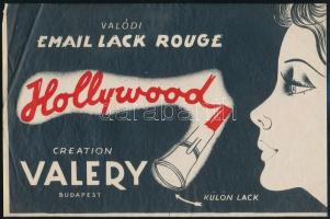 cca 1930-40 Hollywood valódi email lack rouge, Valery Budapest, kisplakát, litográfia, papír, jelzés nélkül, kisebb törésnyomokkal, 17,5×26,5 cm.