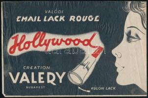 cca 1930-40 Hollywood valódi email lack rouge, Valery Budapest, kisplakát, litográfia, papír, jelzés nélkül, kisebb törésnyomokkal, kissé hullámos, 17,5×26,5 cm.