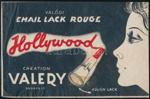 cca 1930-40 Hollywood valódi email lack rouge, Valery Budapest, kisplakát, litográfia, papír, jelzés nélkül, kisebb törésnyomokkal, foltos, 17,5×26,5 cm.