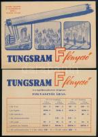 1949 Tungsram F fénycső. Illusztrált reklám nyomtatvány, 8p, kiadói papírkötés, 14x20 cm + Tungsram F fénycső és segédberendezések ideiglenes fogyasztói árai, egy oldalas nyomtatvány, 14x20 cm