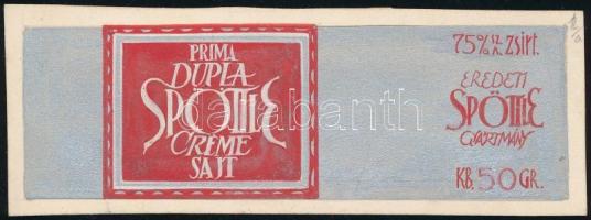 Prima dupla Spöttle créme sajt, eredeti Spöttle gyártmány. Reklám v. csomagolás terv. Tempera, papír. 1940 körül. Jelzés nélkül, 5×15 cm