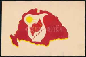 Plakát vagy reklámgrafika terv, Nagy-Magyarország térképpel, gyümölcsökkel, kancsóval, 1930-40 körül. Tempera, papír, jelzés nélkül, 12×18,5 cm