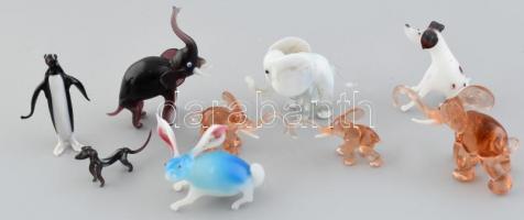 9db miniatűr muránói üveg állat figura, elefánt, nyuszi, kutya, tacskó, pingvin, gyűjteményi darabok, apró sérülésekkel m: cca. 5cm