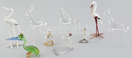 9db miniatűr muránói üveg állat figura, kutya, gólya, ló, szarva, pelikán, őz, gyűjteményi darabok, sérülésekkel m: cca. 5-9cm