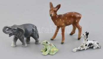 4db miniatűr részben jelzett porcelán, állat figura, dalmata kutya, elefánt, őz, levelibéka, gyűjteményi darabok, sérülésekkel m: cca. 2-6cm