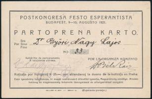 1921 Eszperantó igazolvány, aláírta Dr. Győry Nagy Lajos mint tulajdonos, aki a Tanácsköztársaság jegyzője és vádbiztosa volt, valamint híres eszperantista vezető