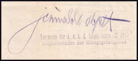 1918 Német nyelvű irat Kommando der k.u.k. 2. Isonzo-Armee Inspizierender der Kriegsgefangenen eredeti bélyegzéssel és aláírással, 3p