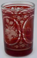 Kossuth címeres pohár, rubin pácolt, fújt üveg, erősen kopott, m: 12,5cm