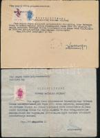 1943, 1945 Pápa megyei város polgármestere által kiállított 2 db bizonyítvány illetékbélyegekkel, rajta a polgármester aláírásával