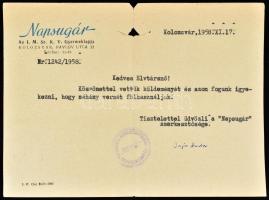 1958 Bajor Andor (1927-1991) a Napsugár c. kolozsvári magyar nyelvű gyermeklap munkatársának gépelt sorai Török Zsófi írónő, auschwitzi túlélő részére, a Napsugár folyóirat fejléces papírján, Bajor Andor saját kezű aláírásával.