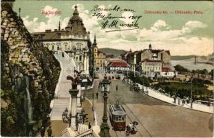 Budapest I. Tabán, Döbrentei tér, villamos, feljárat a Gellért szoborhoz, Keller Ignác bor és sörcsarnoka. Divald Károly 1182-1907