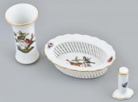 Vegyes herendi tétel, Roithschild és 1db Viktória mintás. (Fonott kosárka, bonbonnier, vázácska, fon...