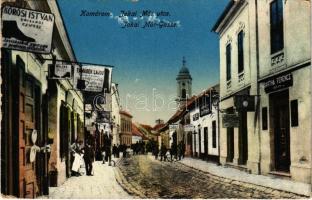 1915 Komárom, Komárnó; Jókai Mór utca, Bartha Ferenc órás, Körösi István cipész, Weleba, Tamásek Lajos, Lilabolt és könyvnyomda üzlete / street, shops (EK)