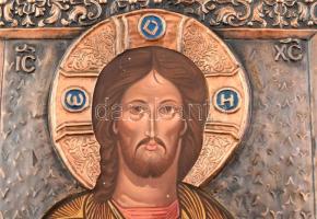 Ikon másolat, Pantokrátor Krisztus. Vegyes technika, fa, fém rátéttel. 31,5x26,5cm