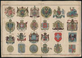 cca 1910 Osztrák-Magyar Monarchia, Magyarország, Európa országainak címerei, sérülésekkel