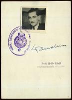 1944 Sárga csillag viselése alól mentesítő fényképes igazolvány Carl Ivan Danielsson svéd nagykövet (Wallenberg kollégája) s. k. aláírásával