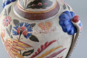 Bozsik Kunszentmárton, díszváza népi dekorral, kézzel festett mázas kerámia, jelzett, mázhibákkal, j...