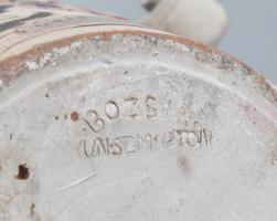 Bozsik Kunszentmárton, díszváza népi dekorral, kézzel festett mázas kerámia, jelzett, mázhibákkal, j...