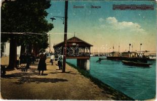 Zimony, Zemun; Duna-part, kikötő, gőzhajó. Vasúti levelezőlapárusítás 7. sz. 1916. / port, steamship (Rb)