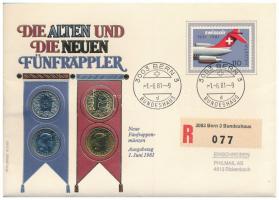 Svájc 1980-1981. 5r (4x) felbélyegzett A régi és az új 5 Rappen érme borítékban, bélyegzéssel T:1  Switzerland 1980-1981. 5 Rappen (4x) in Die Alten und die Neuen Fünfrappler envelope with stamp and first day cancellation C:UNC
