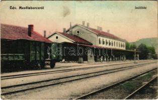 1915 Mezőlaborc, Medzilaborce; indóház, vasútállomás. Rubin Lipót kiadása / railway station (fa)