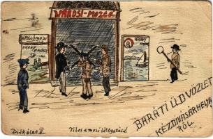 Kézdivásárhely, Targu Secuiesc; Diák élet II. Tilos a mozi látogatása! Kézzel rajzolt művészlap. Studentika / hand-drawn custom-made Studentica art postcard (EB)