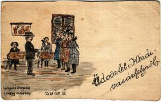 Kézdivásárhely, Targu Secuiesc; Diák élet III. Igazgató látogatás a leány szobában. Kézzel rajzolt művészlap. Studentika / hand-drawn custom-made Studentica art postcard (EB)