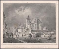 cca 1860 Ludwig Rohbock (1820-1883)-J. Poppel: Szászvárosi főpiac és templom, acélmetszet, 12×15,5 c...