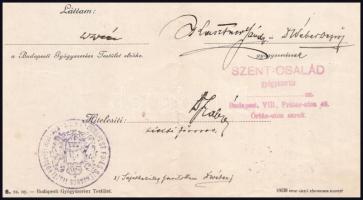 1915 Bp., Szent Család Gyógyszertár igazolása Koller Ilona gyógyszerész részére szakmai gyakorlatról...