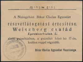 cca 1925 Nyíregyházi Bikur Cholim Egyesület (betegeket gyámolító) részvétlátogatási értesítése az egyesület bélyegzőjével