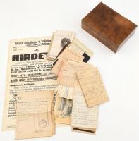 cca 1900-1948 Vegyes papírrégiség (hirdetmények, igazolványok, számlák, stb.) egy fa dobozban, érdemes átnézni!