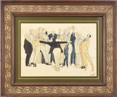 Terney Béla (1905-1972): Kórus, 1925. Akvarell, tus, papír, jelzett. Dekoratív, üvegezett fa keretben. 25x38 cm