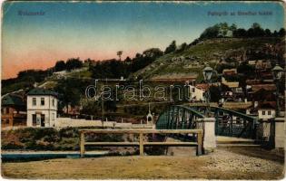 Kolozsvár, Cluj; Fellegvár az Erzsébet híddal, Kiss János üzlete. Vasúti levelezőlapárusítás 46. sz. 1915. / bridge, shop (kopott sarkak / worn corners)